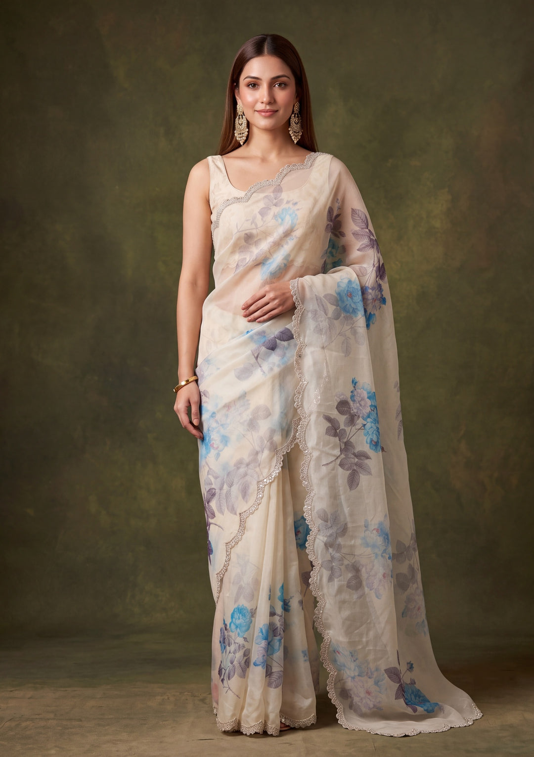 Off White Satin Floral Gold Stonework Saree With Matching Blouse Piece