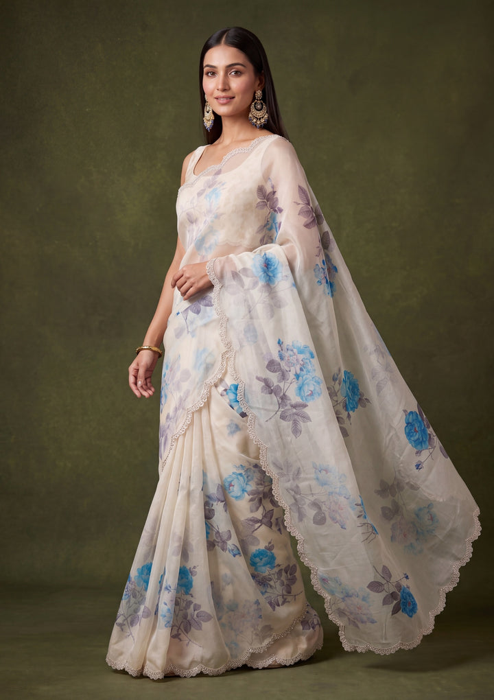 Off White Satin Floral Gold Stonework Saree With Matching Blouse Piece
