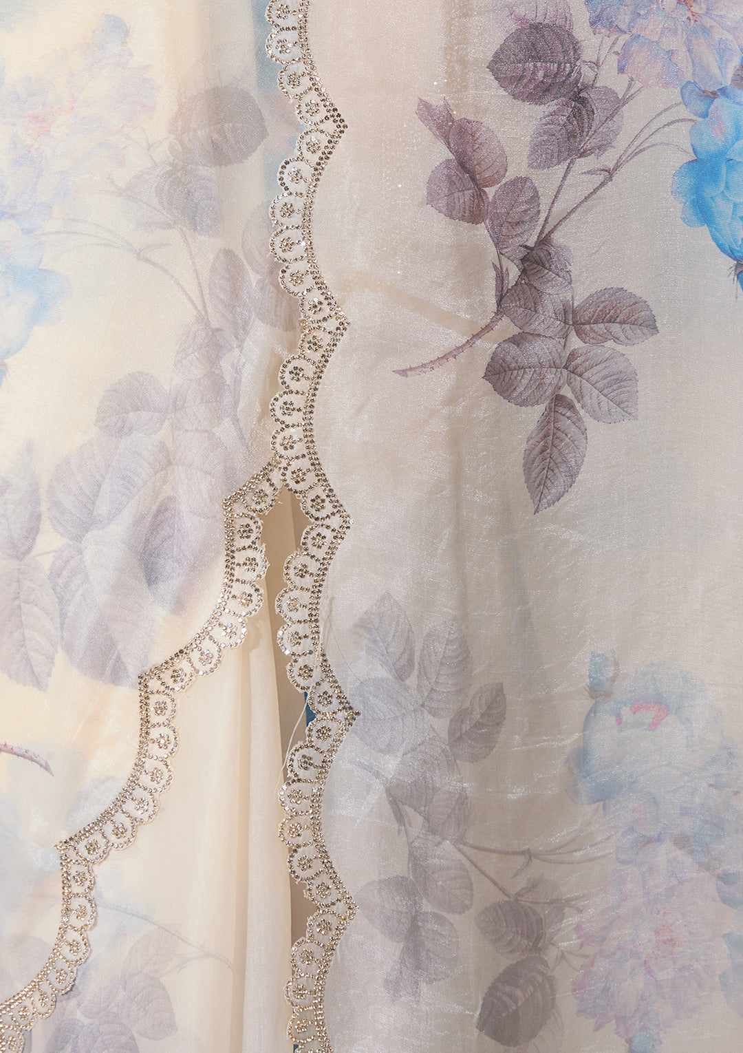Off White Satin Floral Gold Stonework Saree With Matching Blouse Piece