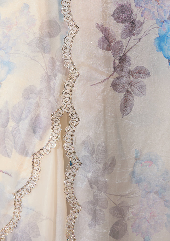 Off White Satin Floral Gold Stonework Saree With Matching Blouse Piece