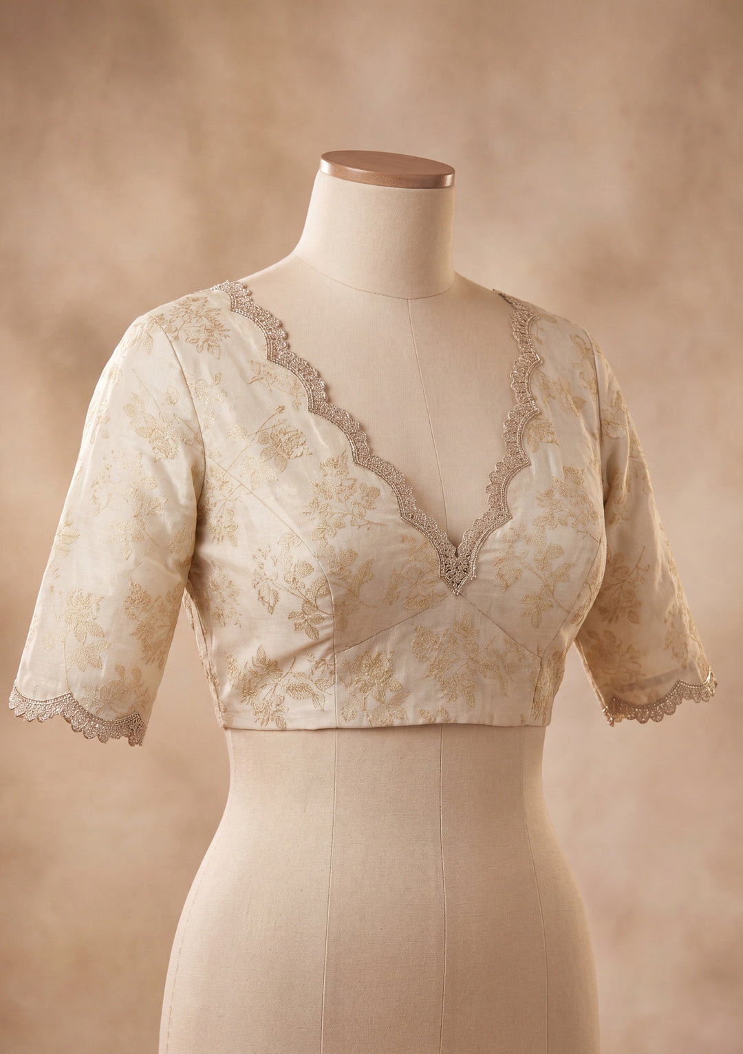 Off White Satin Floral Gold Stonework Saree With Matching Blouse Piece