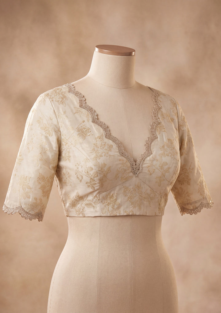 Off White Satin Floral Gold Stonework Saree With Matching Blouse Piece