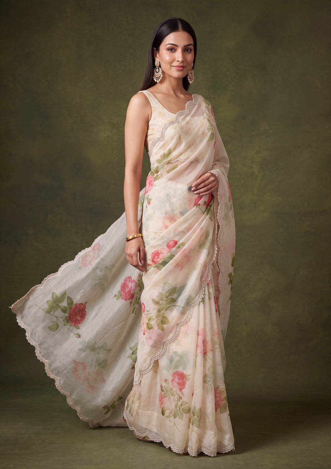 Off White Satin Floral Gold Stonework Saree With Matching Blouse Piece