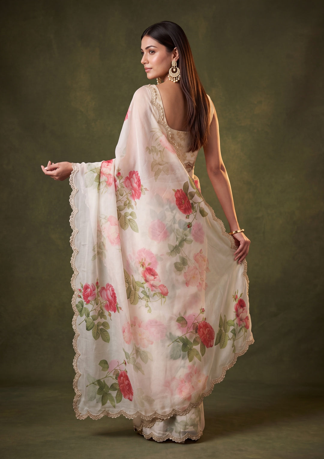 Off White Satin Floral Gold Stonework Saree With Matching Blouse Piece