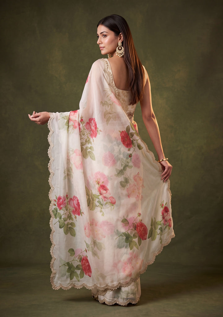 Off White Satin Floral Gold Stonework Saree With Matching Blouse Piece