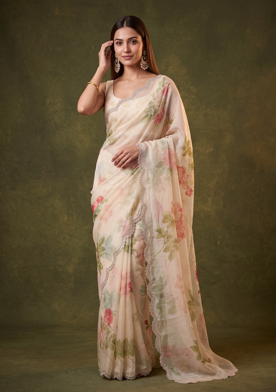Off White Satin Floral Gold Stonework Saree With Matching Blouse Piece