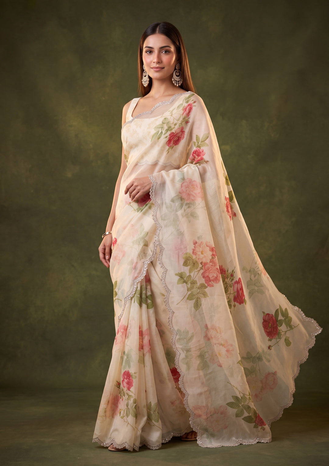 Off White Satin Floral Gold Stonework Saree With Matching Blouse Piece