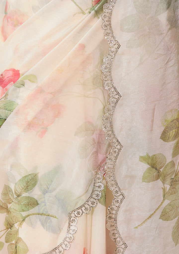 Off White Satin Floral Gold Stonework Saree With Matching Blouse Piece