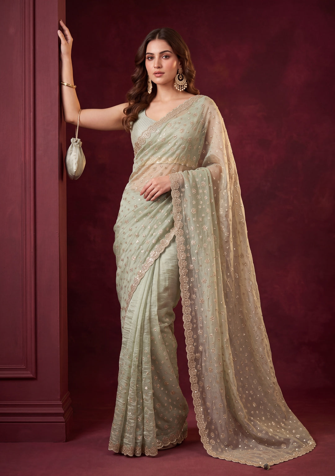 Sea Green Satin Gold Stonework Saree With Matching Blouse Piece