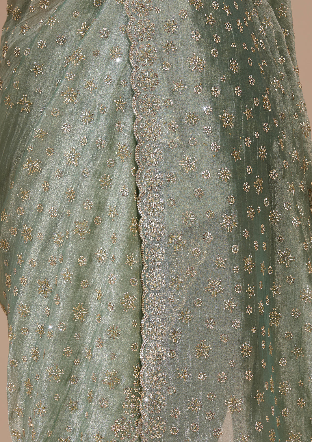 Sea Green Satin Gold Stonework Saree With Matching Blouse Piece