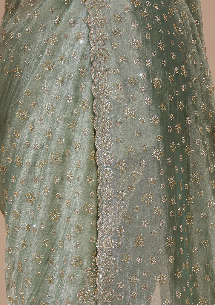 Sea Green Satin Gold Stonework Saree With Matching Blouse Piece
