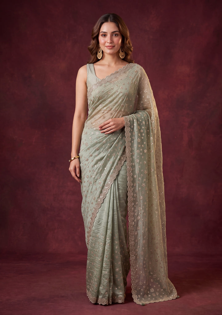 Sea Green Satin Gold Stonework Saree With Matching Blouse Piece