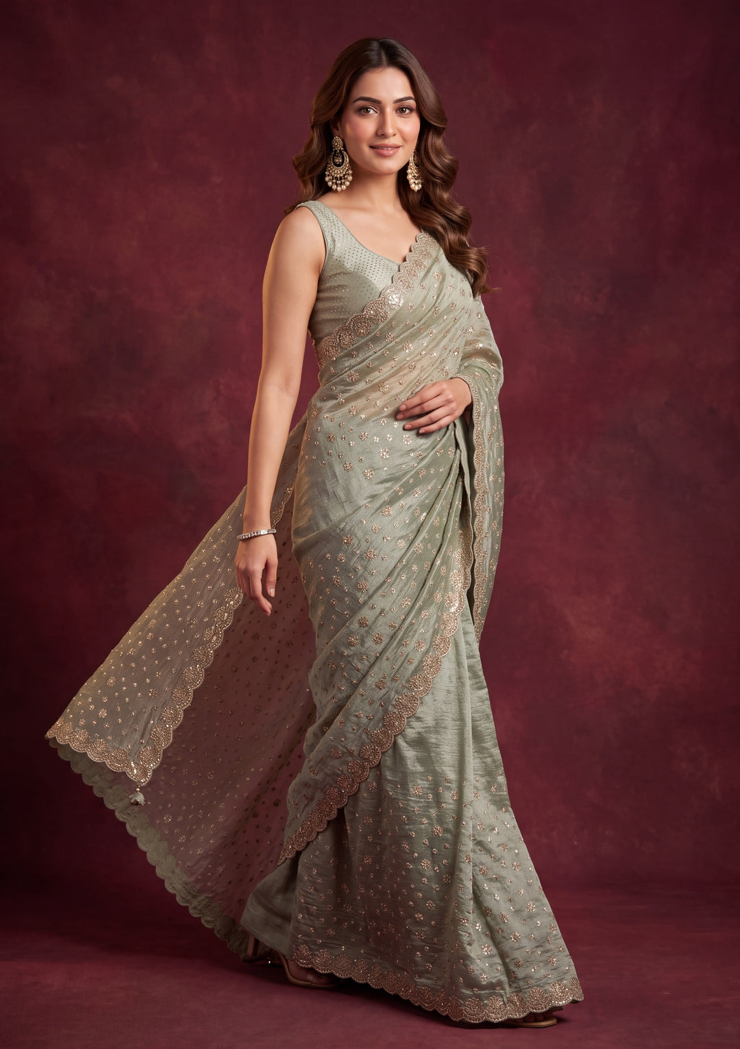 Sea Green Satin Gold Stonework Saree With Matching Blouse Piece