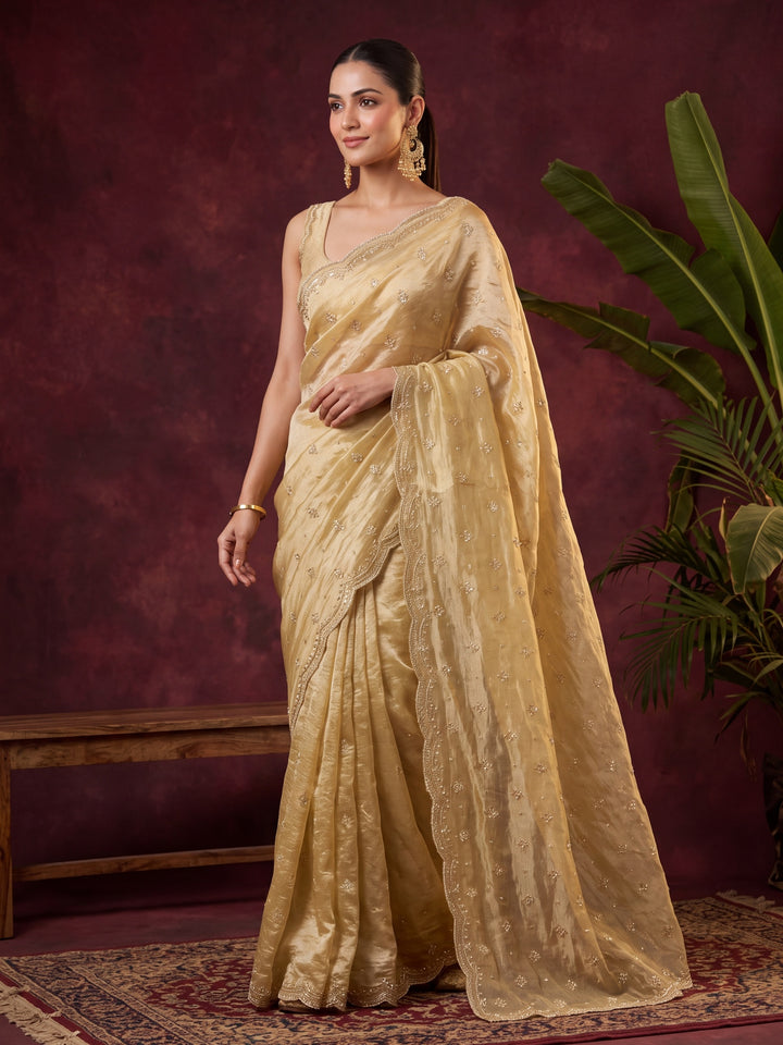 Mustard Yellow Tissue Cutdana Saree With Matching Blouse Piece