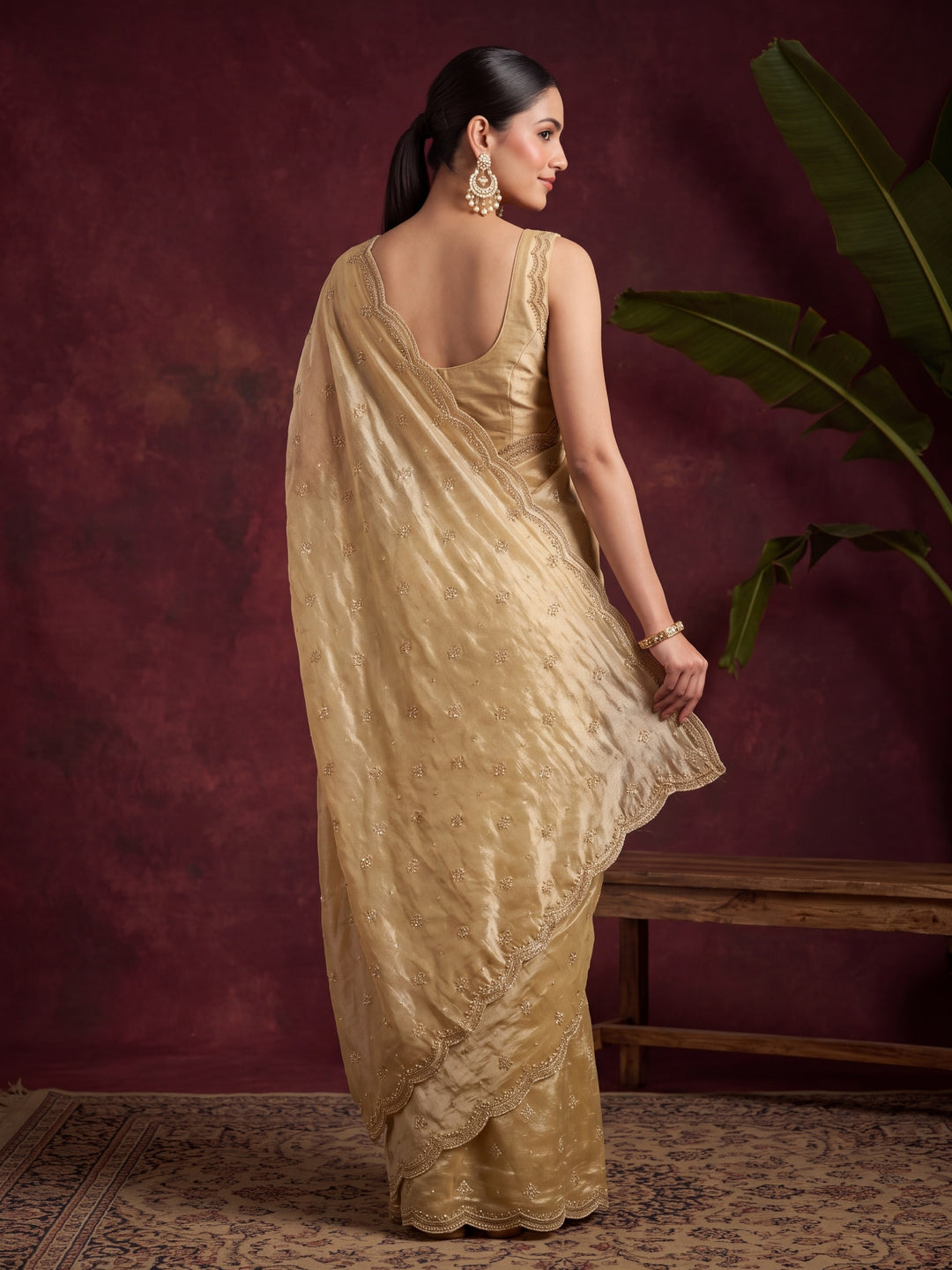 Mustard Yellow Tissue Cutdana Saree With Matching Blouse Piece