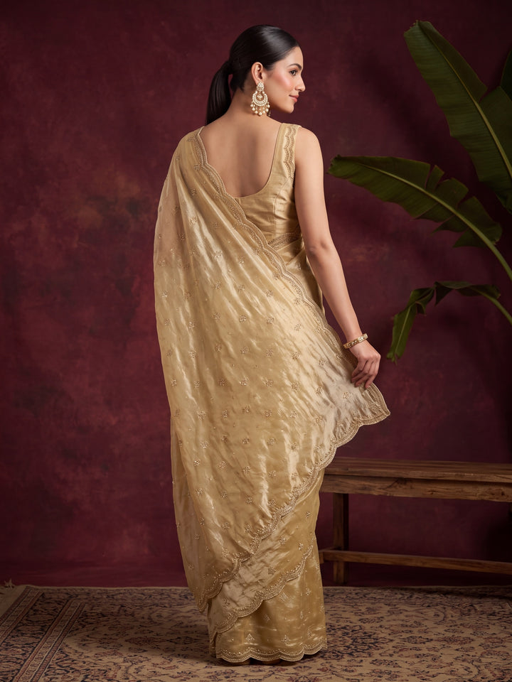 Mustard Yellow Tissue Cutdana Saree With Matching Blouse Piece