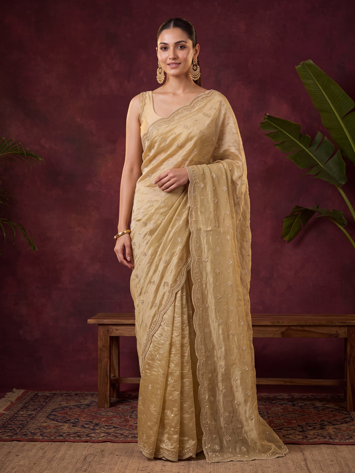 Mustard Yellow Tissue Cutdana Saree With Matching Blouse Piece