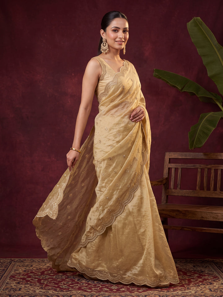 Mustard Yellow Tissue Cutdana Saree With Matching Blouse Piece