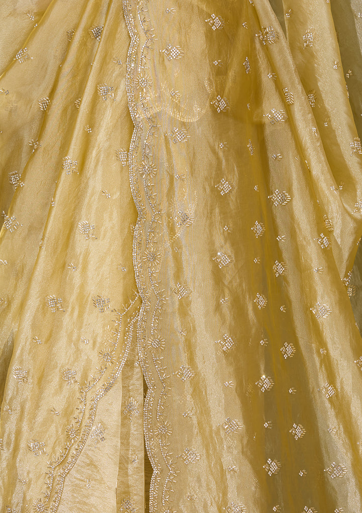 Mustard Yellow Tissue Cutdana Saree With Matching Blouse Piece