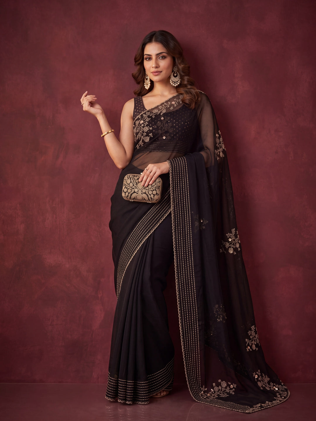 Black Tissue Gold Stonework Saree With Matching Blouse Piece