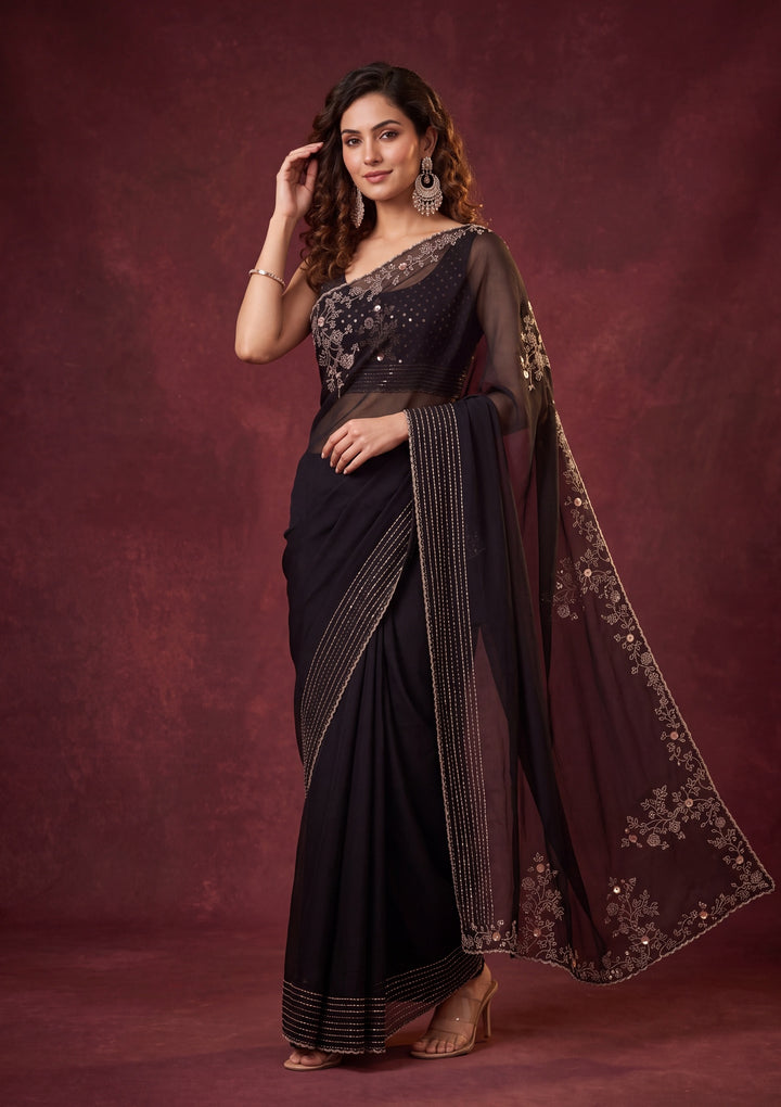 Black Tissue Gold Stonework Saree With Matching Blouse Piece