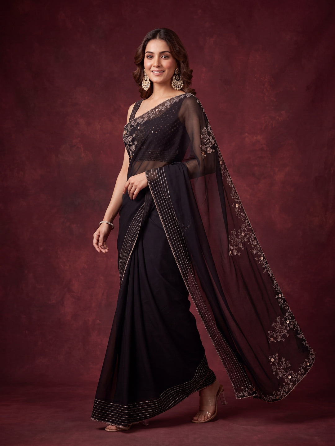 Black Tissue Gold Stonework Saree With Matching Blouse Piece