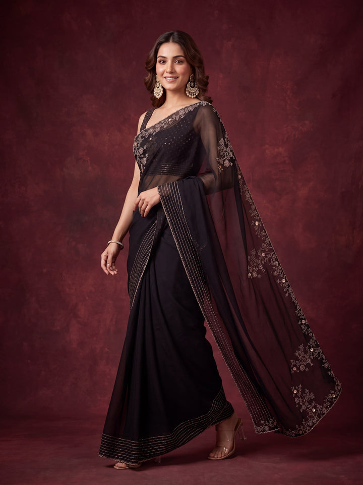 Black Tissue Gold Stonework Saree With Matching Blouse Piece