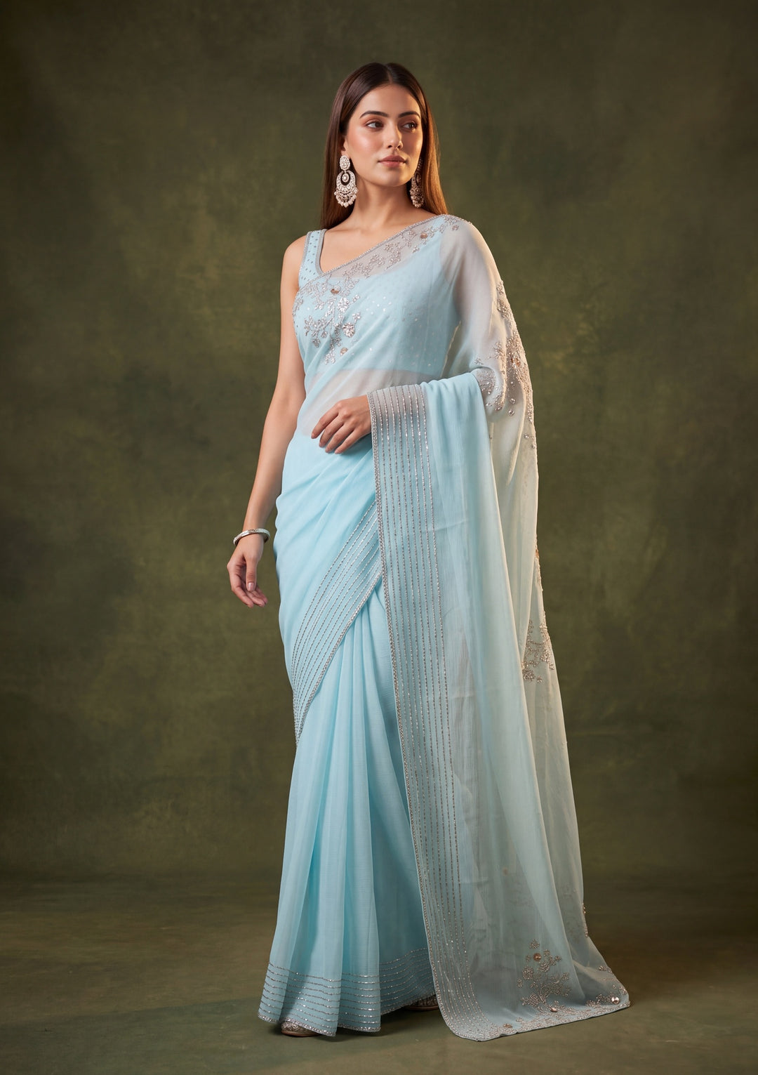 Sky Blue Tissue Gold Stonework Saree With Matching Blouse Piece