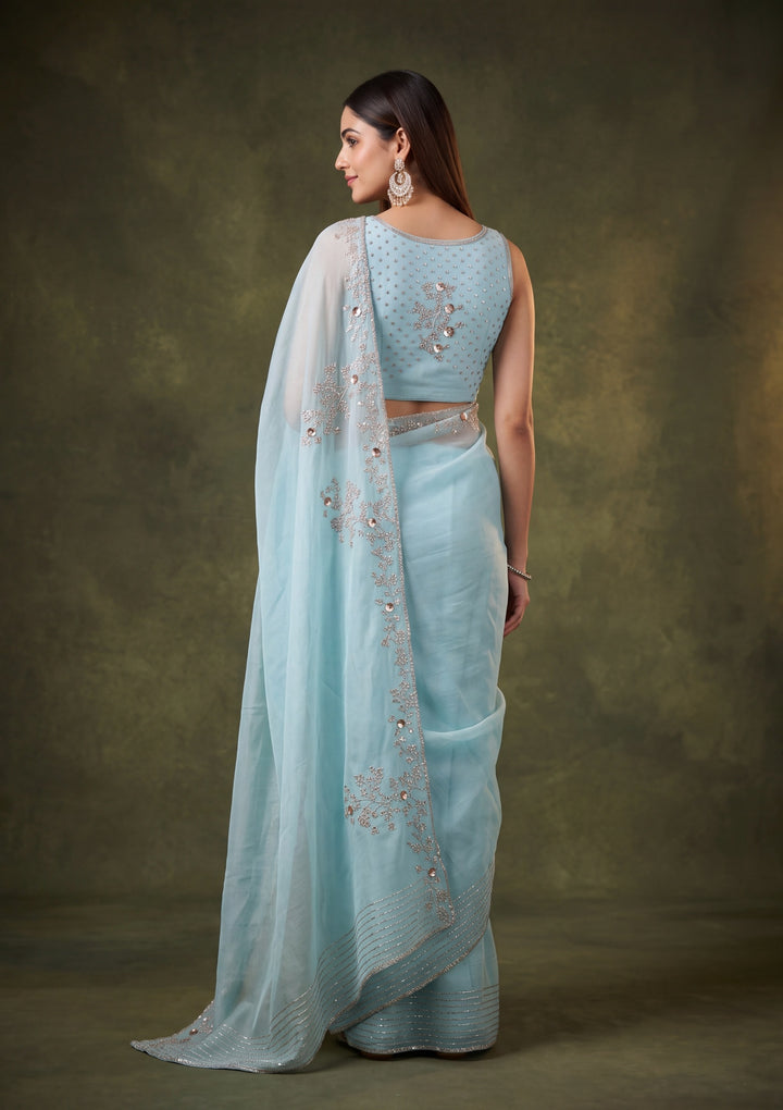 Sky Blue Tissue Gold Stonework Saree With Matching Blouse Piece
