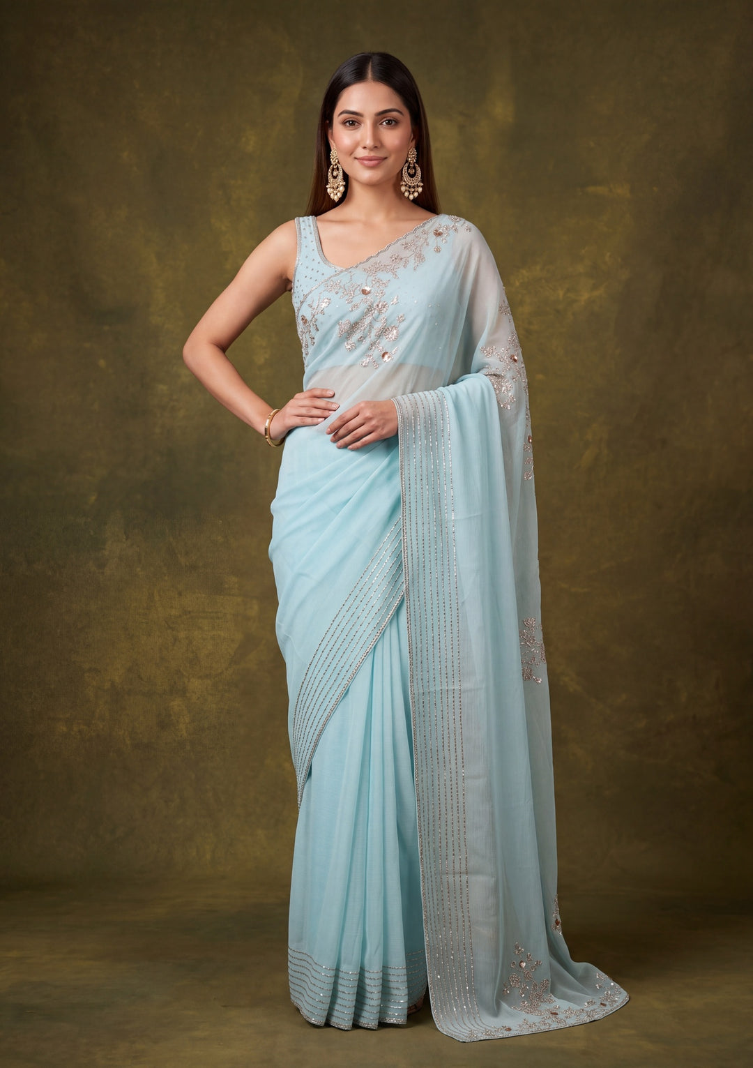 Sky Blue Tissue Gold Stonework Saree With Matching Blouse Piece