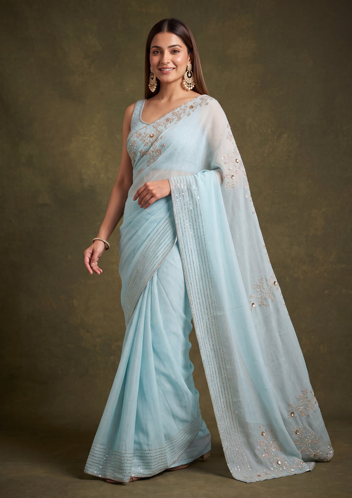 Sky Blue Tissue Gold Stonework Saree With Matching Blouse Piece