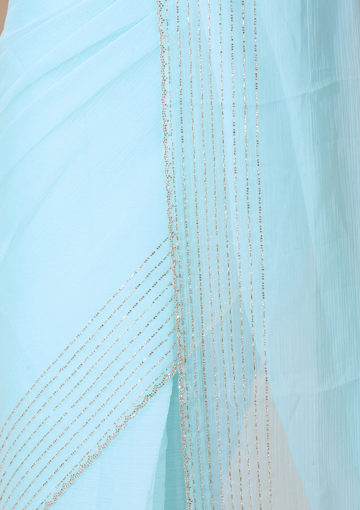 Sky Blue Tissue Gold Stonework Saree With Matching Blouse Piece
