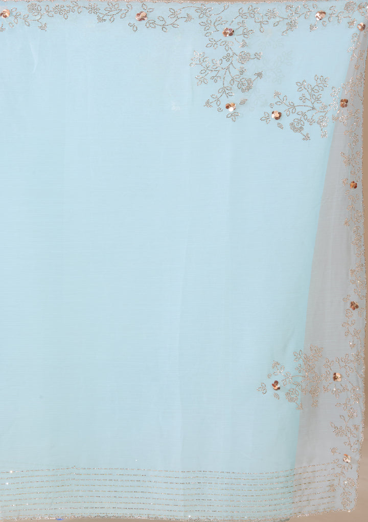 Sky Blue Tissue Gold Stonework Saree With Matching Blouse Piece