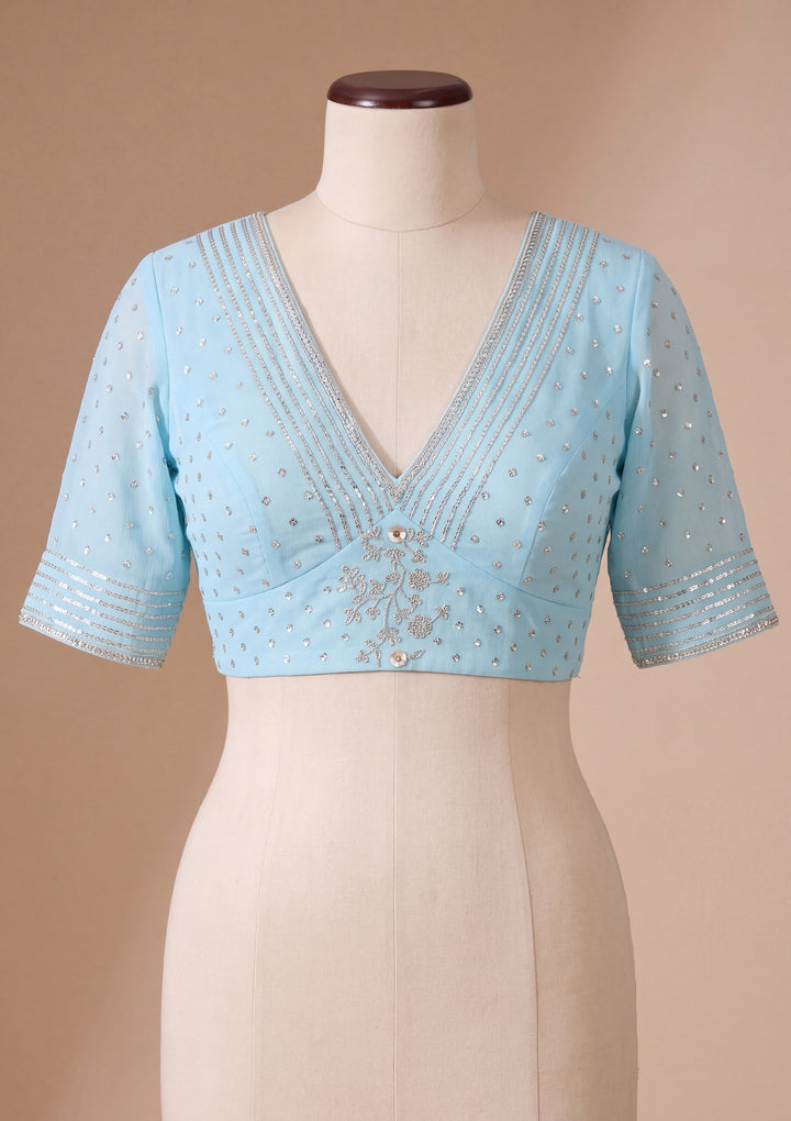 Sky Blue Tissue Gold Stonework Saree With Matching Blouse Piece