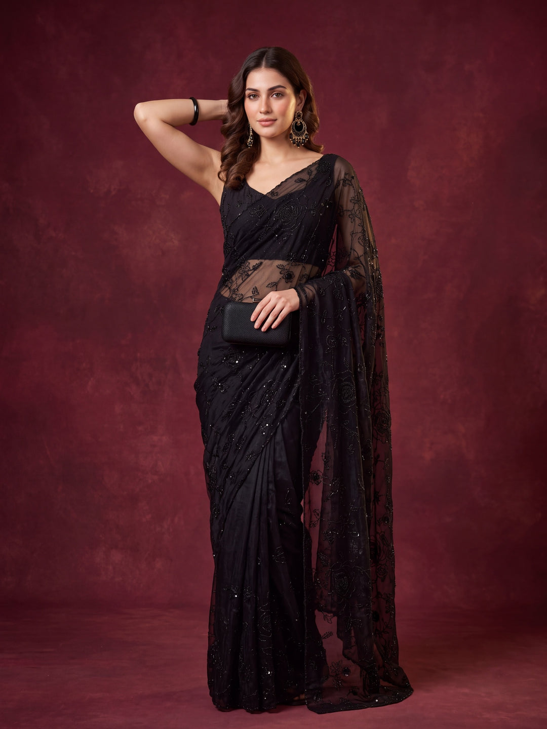 Black Satin Swarovski Saree With Matching Blouse Piece