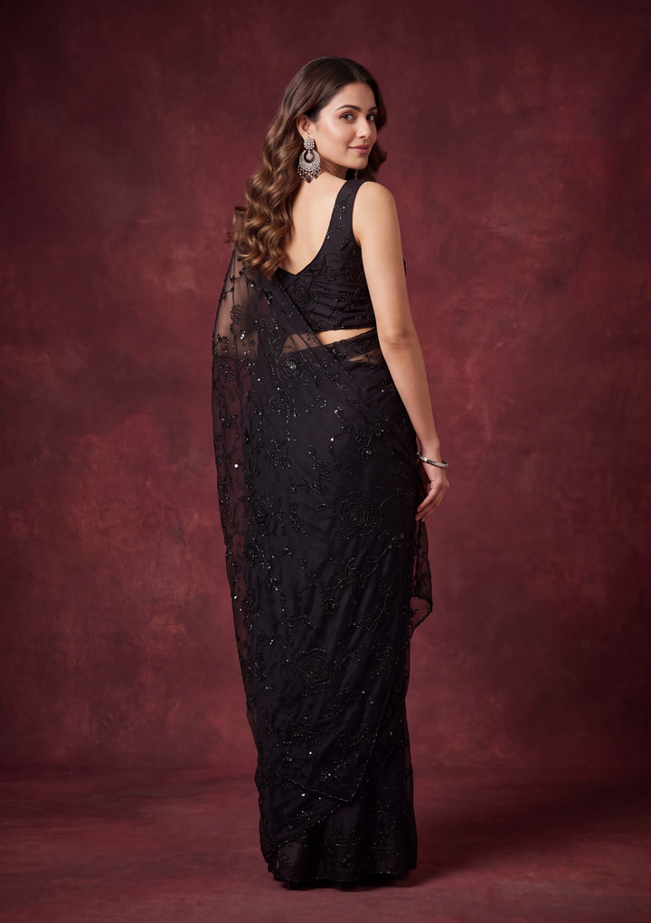 Black Satin Swarovski Saree With Matching Blouse Piece