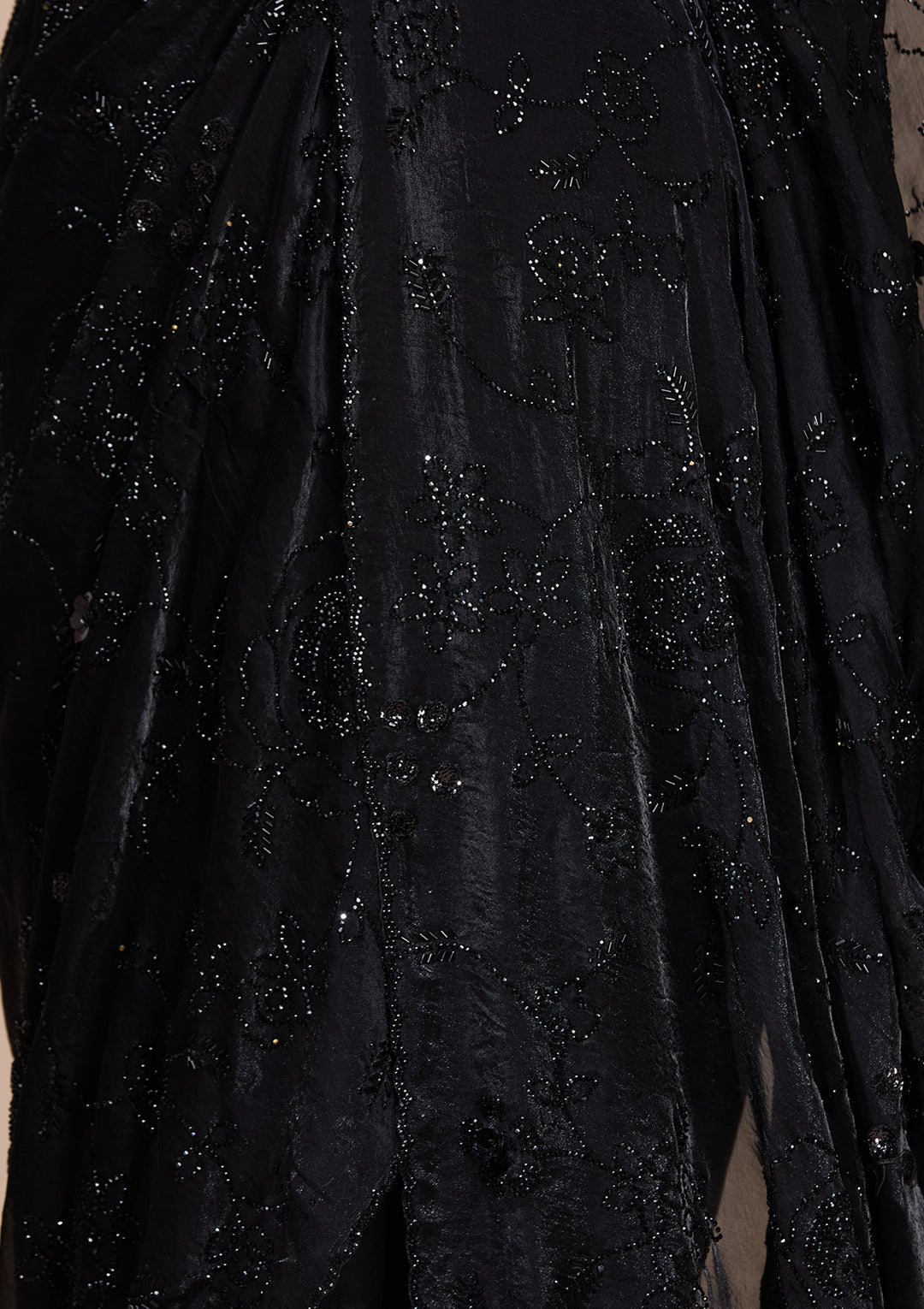 Black Satin Swarovski Saree With Matching Blouse Piece