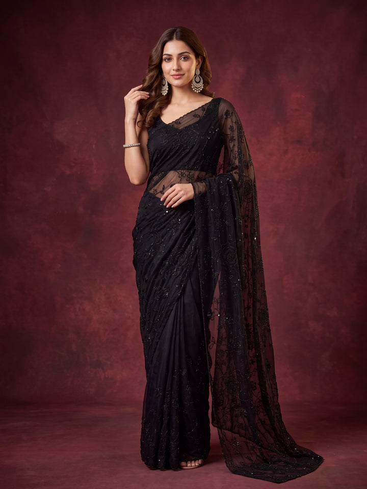 Black Satin Swarovski Saree With Matching Blouse Piece
