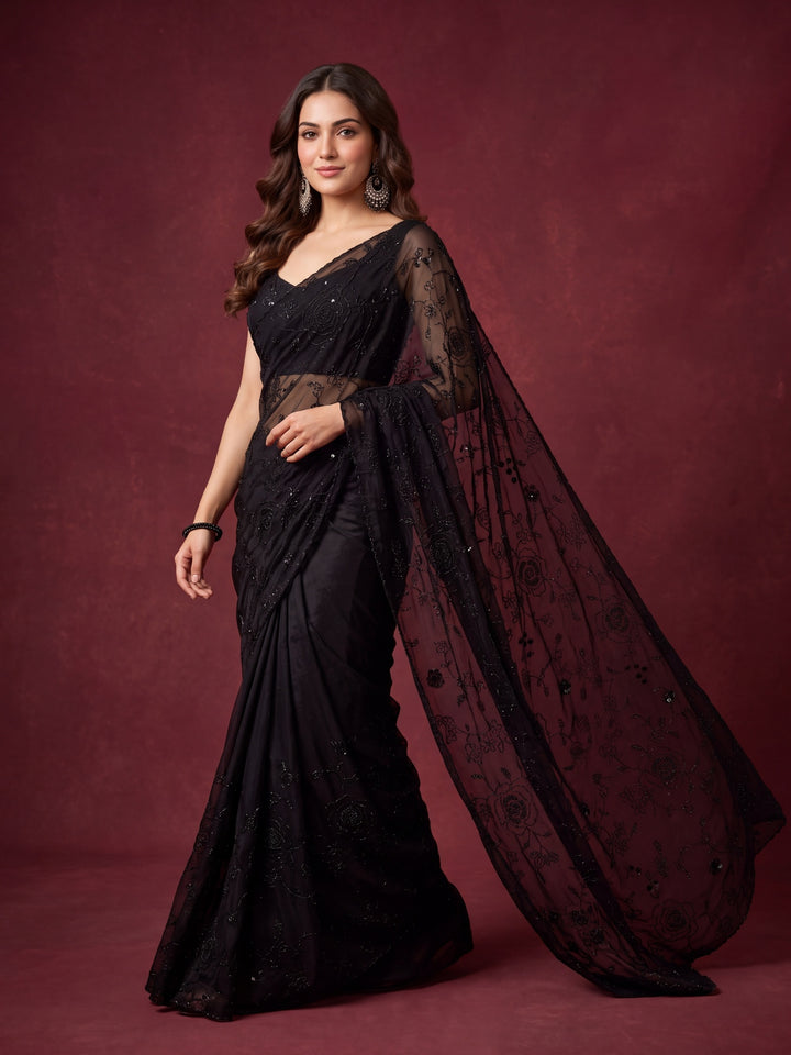 Black Satin Swarovski Saree With Matching Blouse Piece