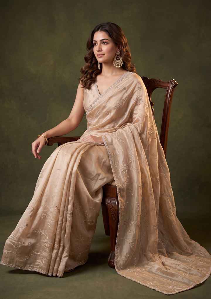 Beige Tissue Gold Stonework Saree With Matching Blouse Piece