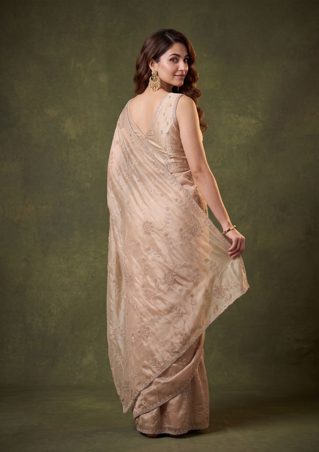 Beige Tissue Gold Stonework Saree With Matching Blouse Piece