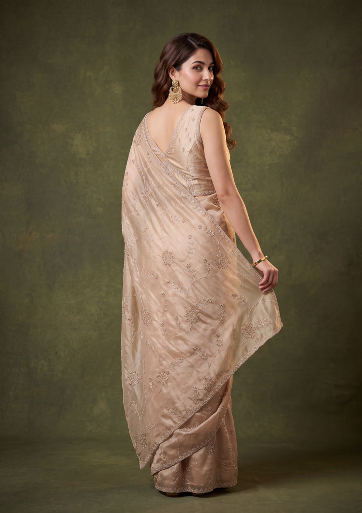 Beige Tissue Gold Stonework Saree With Matching Blouse Piece