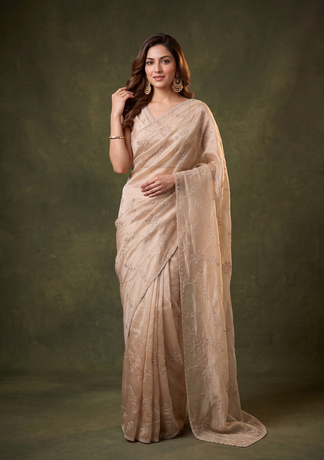 Beige Tissue Gold Stonework Saree With Matching Blouse Piece