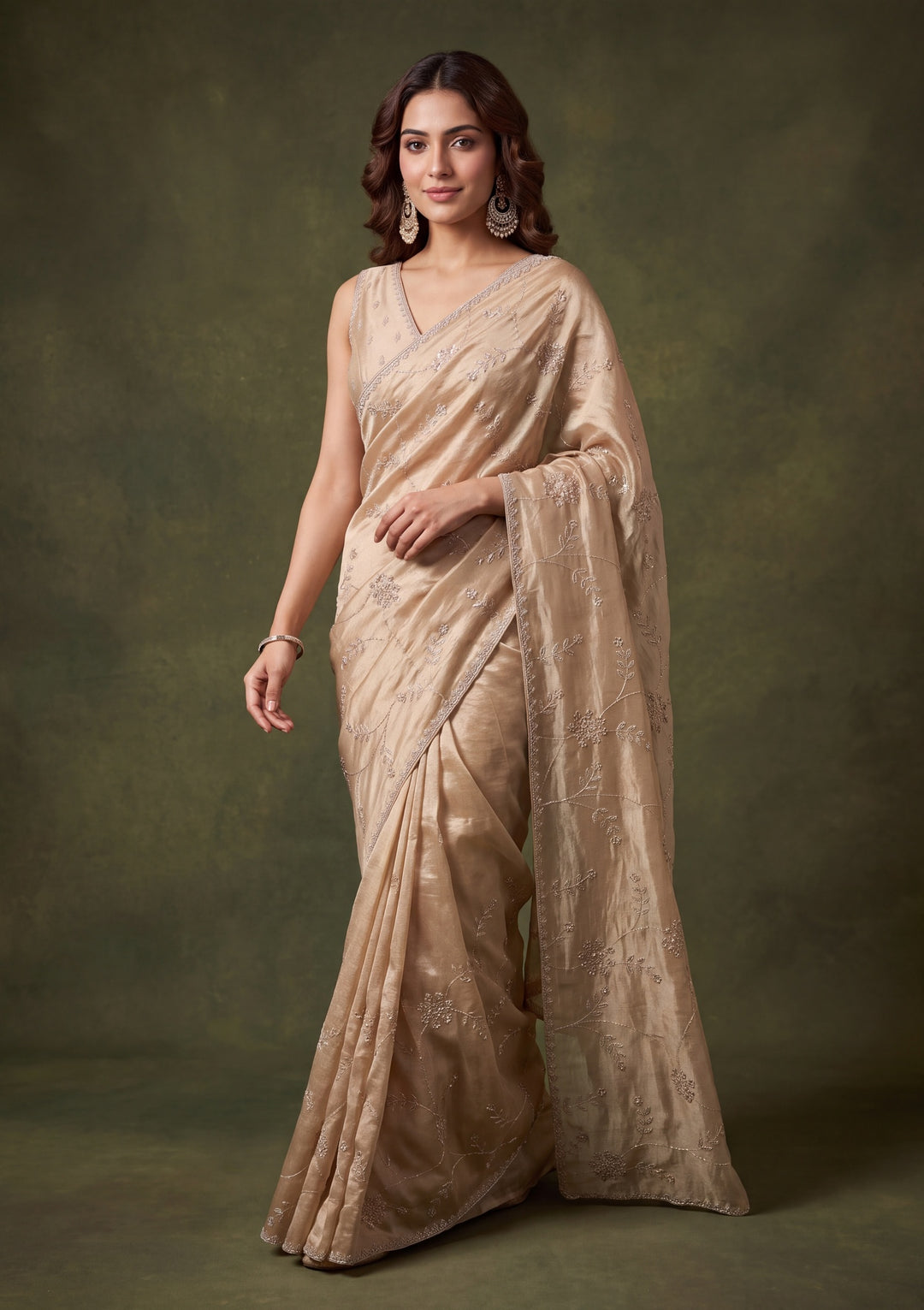Beige Tissue Gold Stonework Saree With Matching Blouse Piece