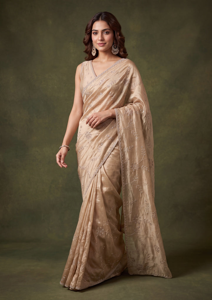 Beige Tissue Gold Stonework Saree With Matching Blouse Piece