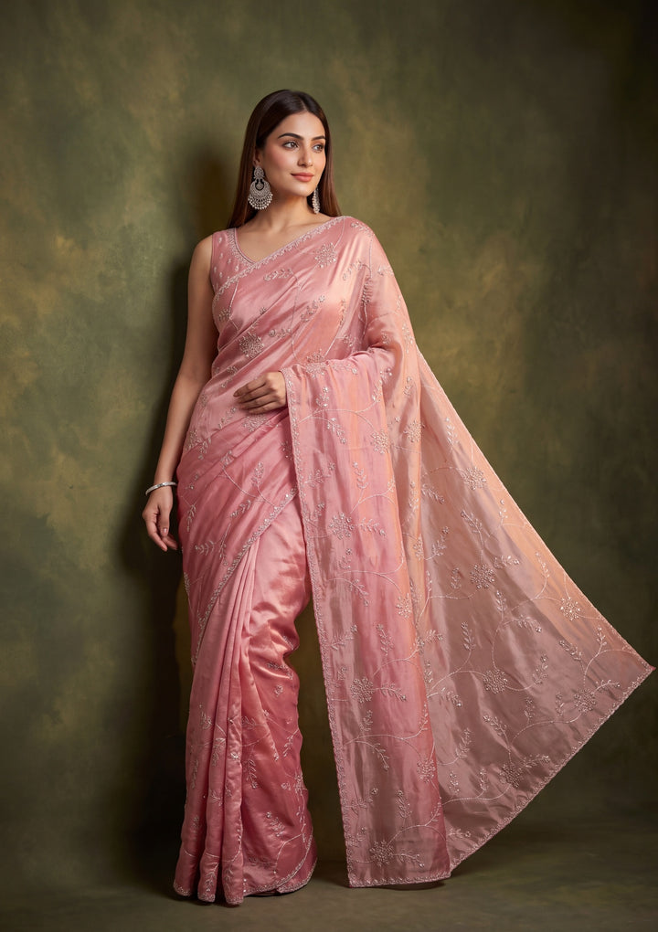 Onion Pink Tissue Gold Stonework Saree With Matching Blouse Piece