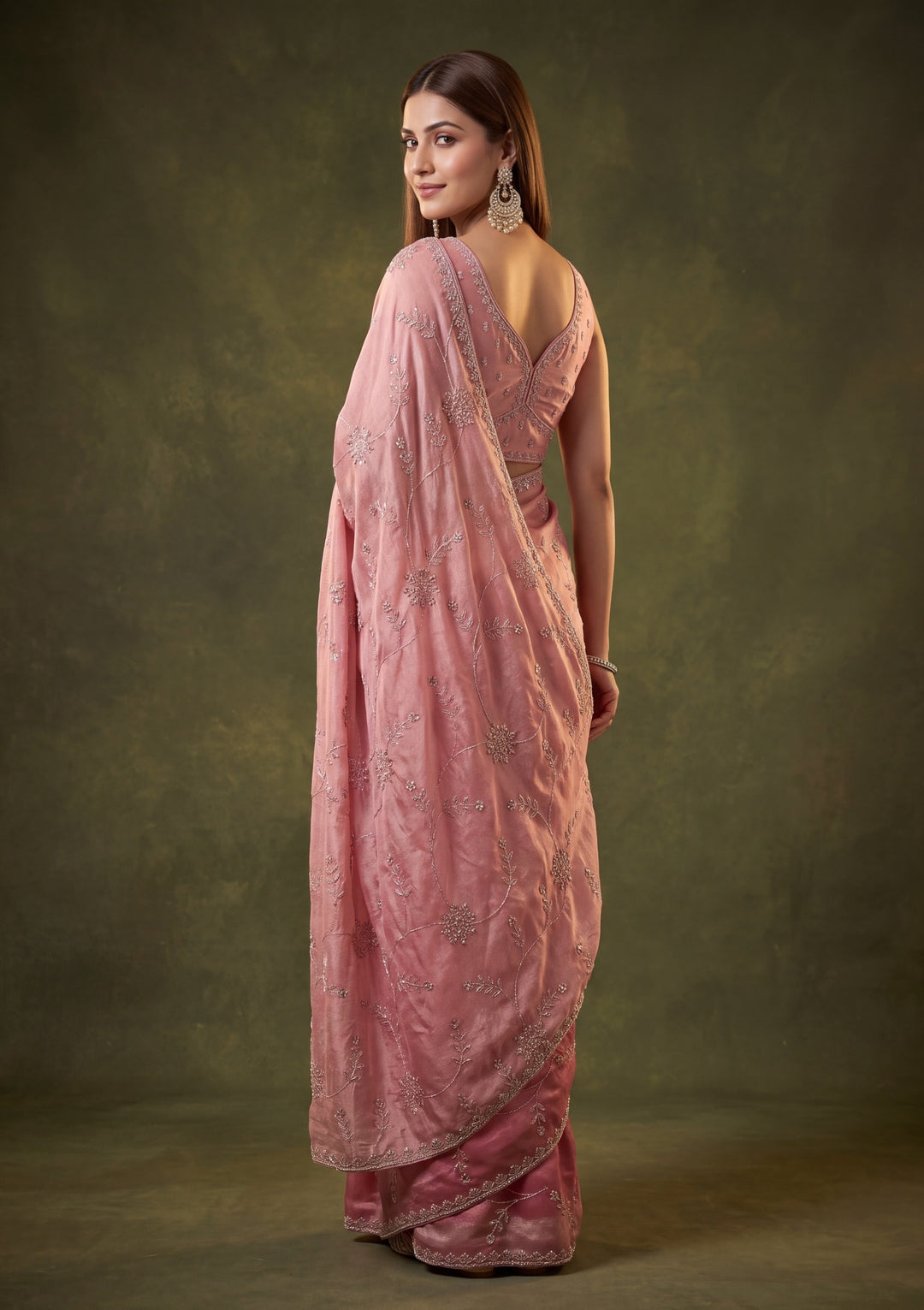 Onion Pink Tissue Gold Stonework Saree With Matching Blouse Piece