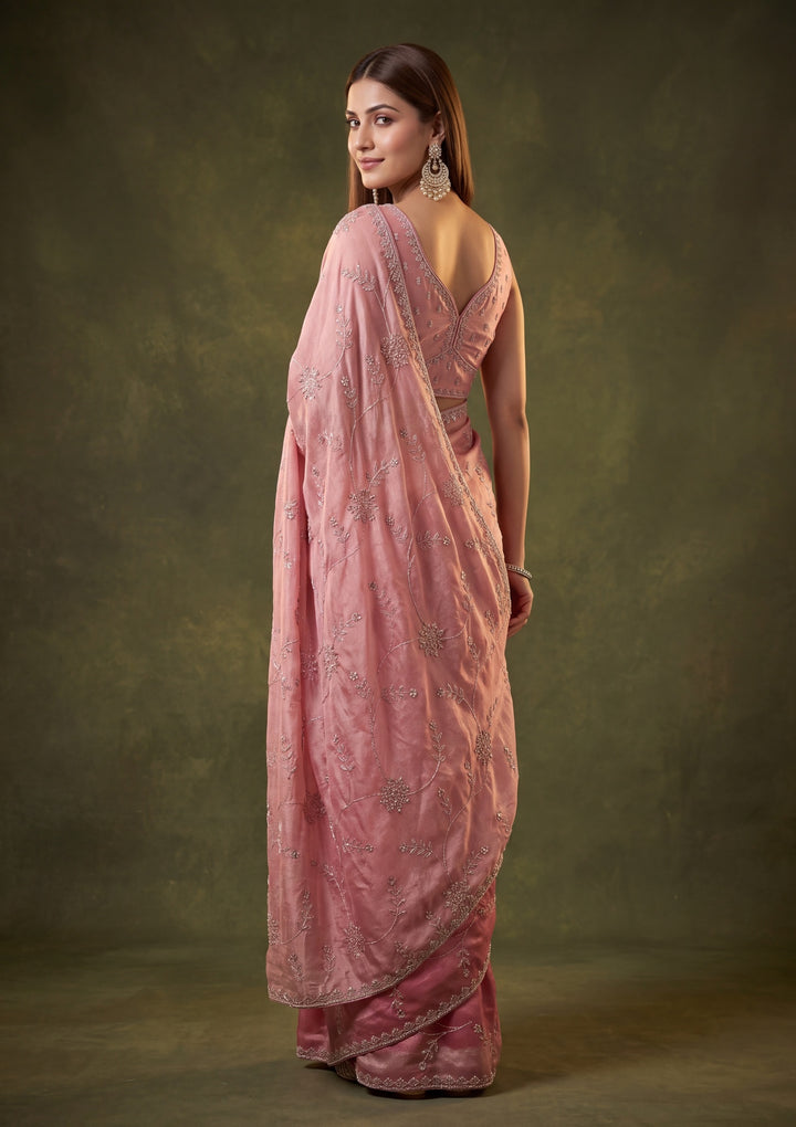 Onion Pink Tissue Gold Stonework Saree With Matching Blouse Piece