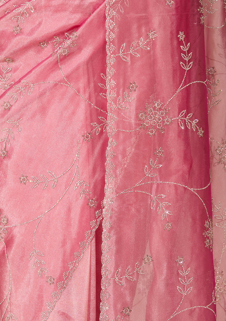 Onion Pink Tissue Gold Stonework Saree With Matching Blouse Piece