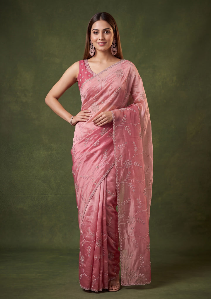 Onion Pink Tissue Gold Stonework Saree With Matching Blouse Piece